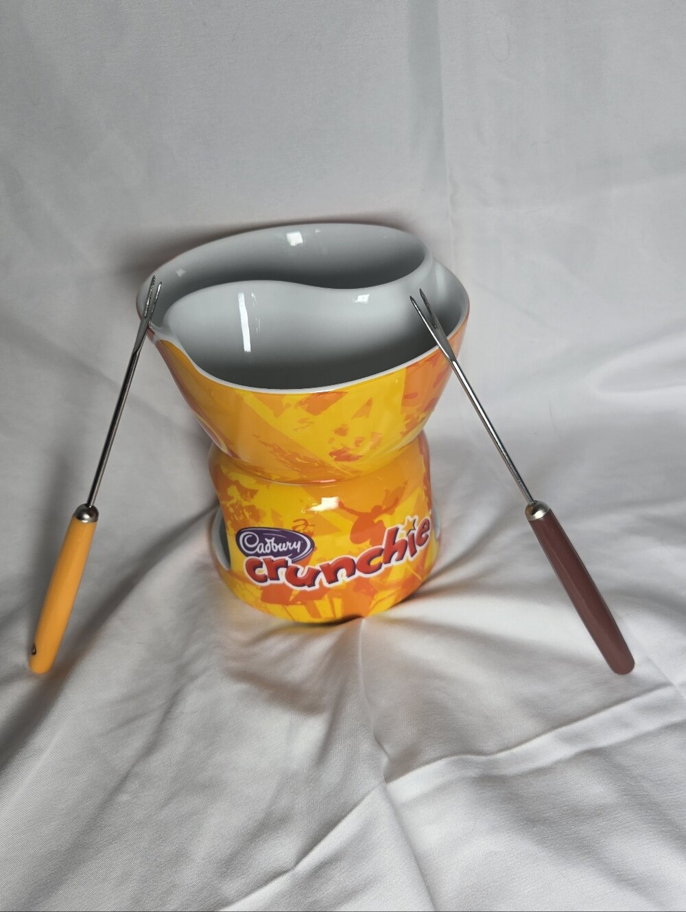 Cadbury Crunchie Ceramic Twin Fondue Set | Dual Bowl Pot & Forks Gift Set